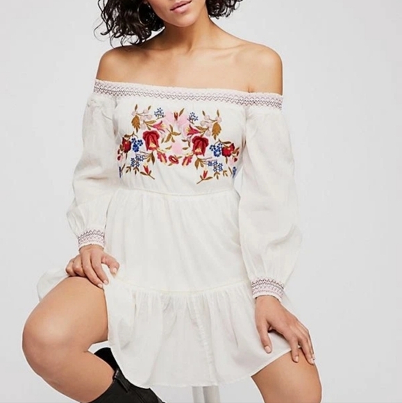 Free People Embroidered Off Shoulder White Floral Mini Dress Size xs - Picture 5 of 12